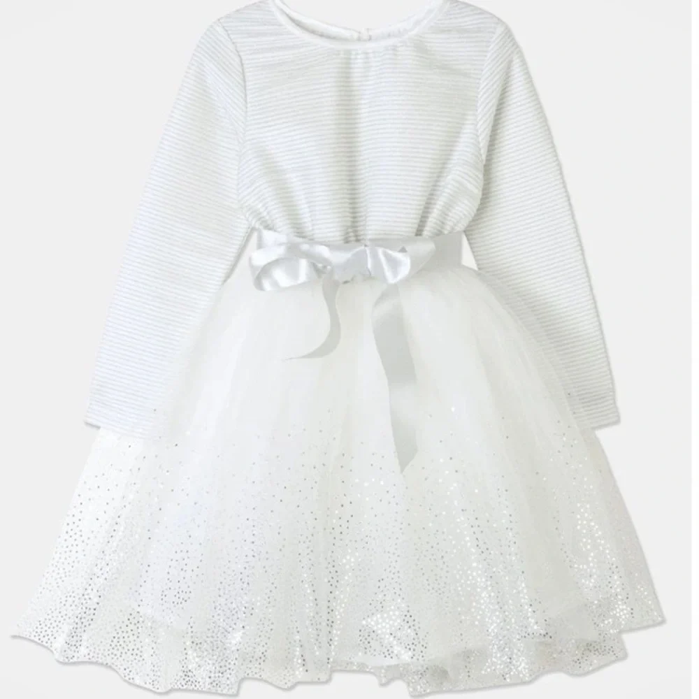 NWOT ORIGAMI Evie Long Sleeve Lurex Stripe Tutu Dress WHITE - Picture 1 of 14